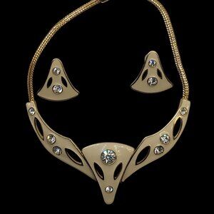Enamel Collar Statement Necklace & Earrings Crystals Articulated Panels 80's 80s